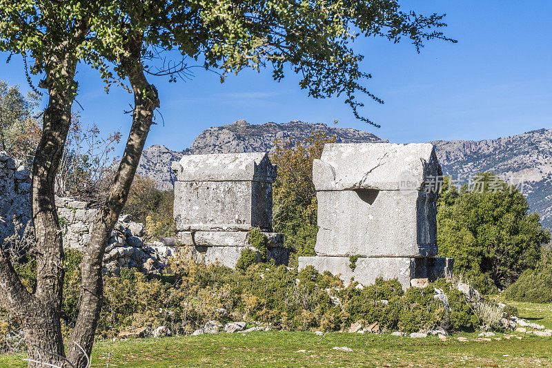 来自Dodurga村的Sidyma古城。Fethiye, Mugla，土耳其。